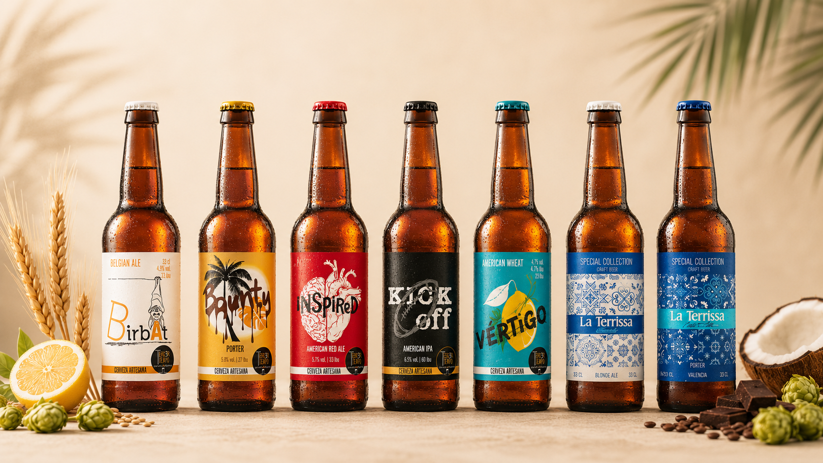 Lineup completo de cervezas artesanas Tercer Tiempo: BirbAt, Bounty, InSpiRed, Kick Off, Vértigo y La Terrissa